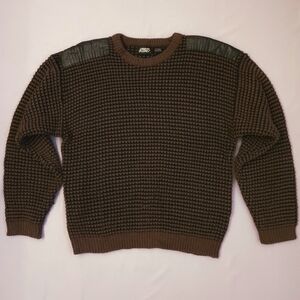 VTG 90's Street Scenes Chunky Knit Sweater Brown & Black - Size L - Leather Trim